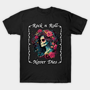 Groovy Rock n Roll Never Dies Rockabilly Girl Skull Rose Tattoo T-Shirt